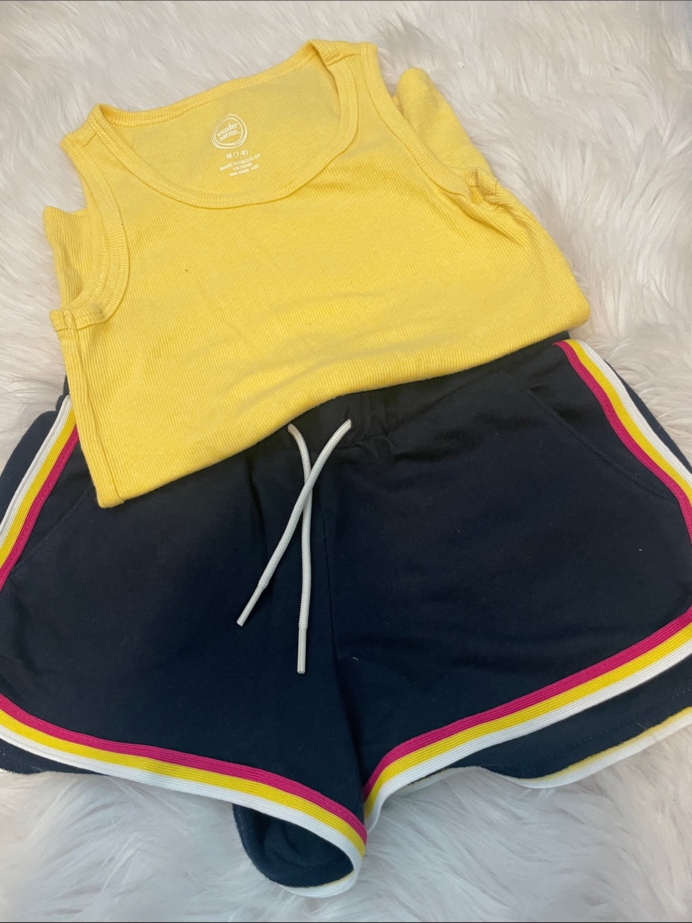 Old Navy Yellow Tank Top and Navy Shorts Matching Set with Pink and White Trim
